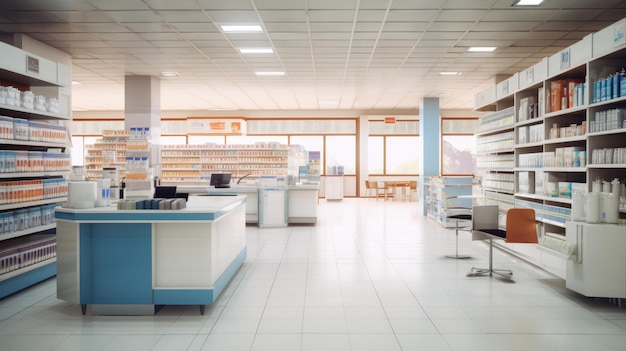 Empty modern pharmacy drug store with shelves