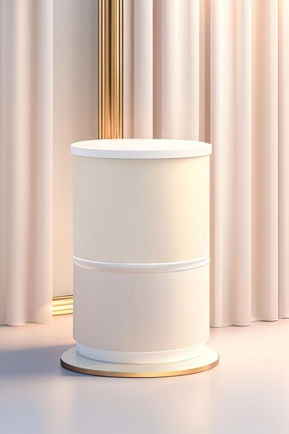 Empty modern round cream terrazzo podium side table in soft white blowing sheer cloth curtain draper