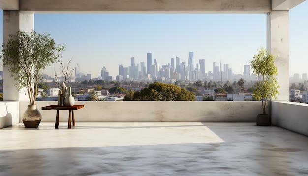 Photo an empty modern urban studio with large windows cityscape views white walls