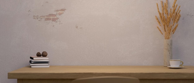빈티지 흰색 벽에 장식된 나무 탁자 위의 빈 몽타주 공간