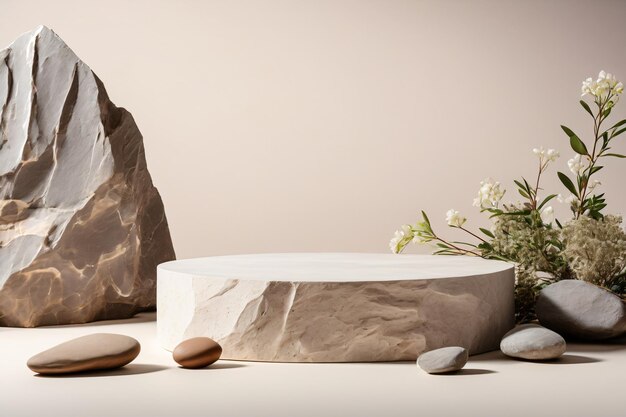 生産物のプレゼンテーションのための空の天然石のポディウム ベージュの背景 自然成分