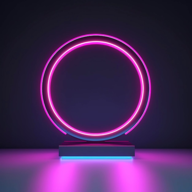 Empty neon lights round frame podium floating in the air with purple neon rings on background and hologram of digital rings on a floor generate ai