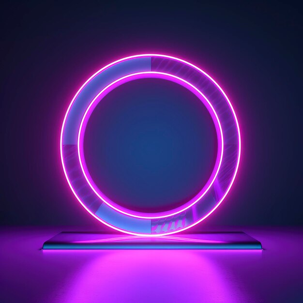 Empty neon lights round frame podium floating in the air with purple neon rings on background and hologram of digital rings on a floor generate ai