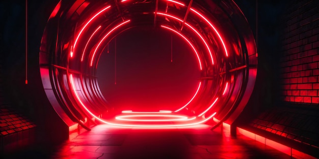 An empty neon lit tunnel with smoke in the background