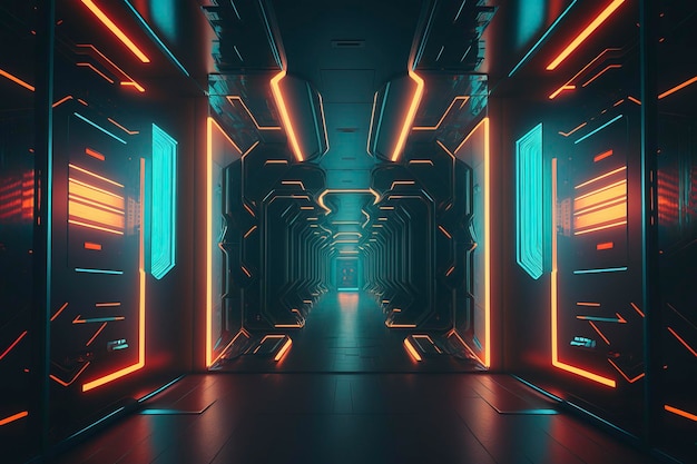 Photo the empty neon tunnel of the futuristic scifi networkai technology generated image