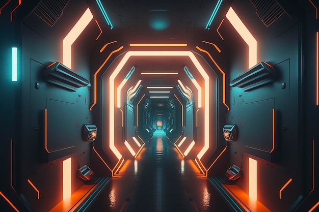 The empty neon tunnel of the futuristic scifi networkAI technology generated image