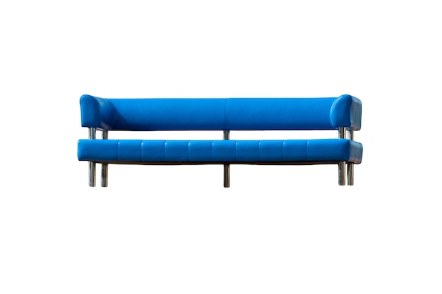 白い背景で隔離の空の新しい青い革のソファ。鉄の光沢のあるニッケルメッキの脚。