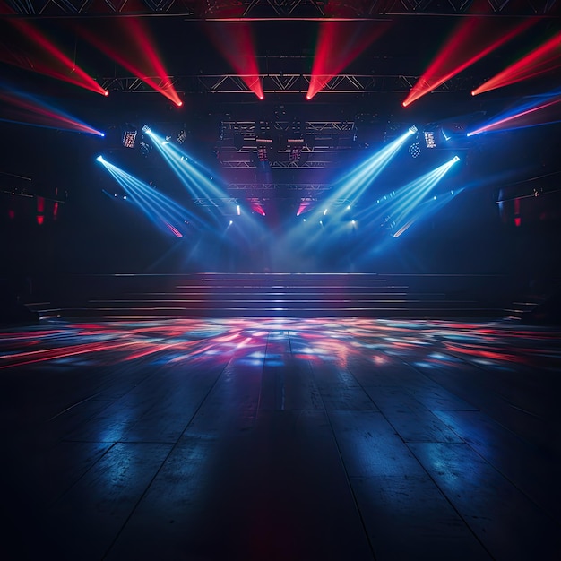 empty night club stage illuminated with red and blue spotlights