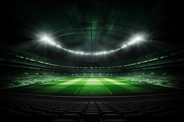 Empty night soccer arena illuminated stadium field with green grass and bright lights