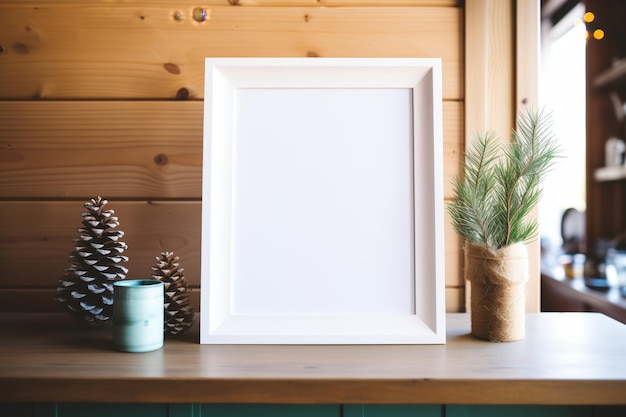 Photo an empty nordic style frame on a pine table
