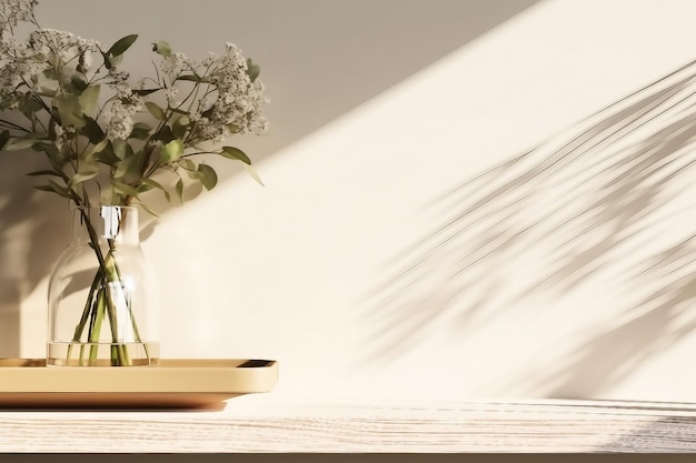 empty oak wood shelve next to a decor green leaves plant in glass vase with sunlight and foliage shadow on beige wall in background Products overlay Mock up Nature
