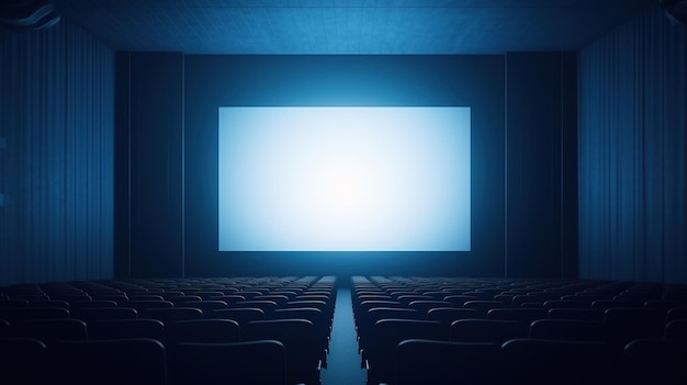 Фото Пустое кино в синем цвете с белым пустым экраном мокет зала без людей и аудитории