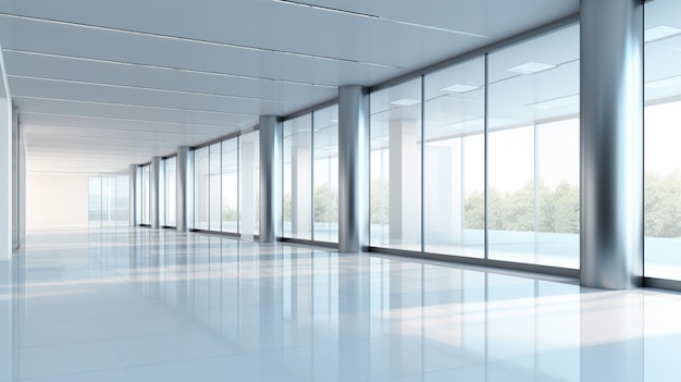 Empty office hall with glass walls and doors