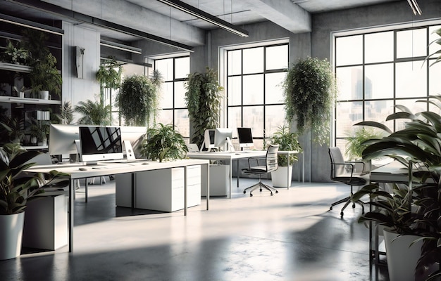 An empty office has a few plants and the desks are set