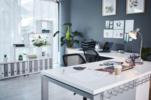 Empty office interior and workspace with furniture table and professional layout in startup agency Background of modern workplace business building and room in company job venue or minimal setup
