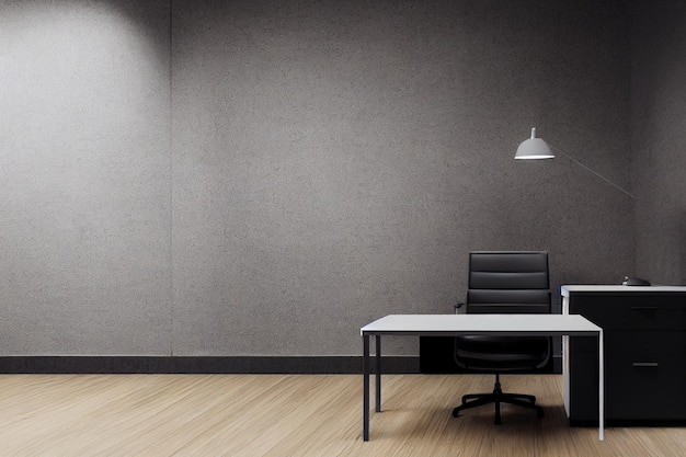 Empty office room with a mock grey wall chair and table for your logo Office room with floor wall