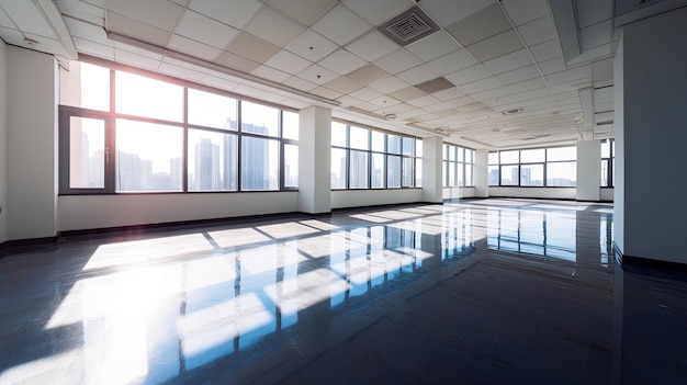 Empty office room with sunlight streaming through large windows corporate office blank space image