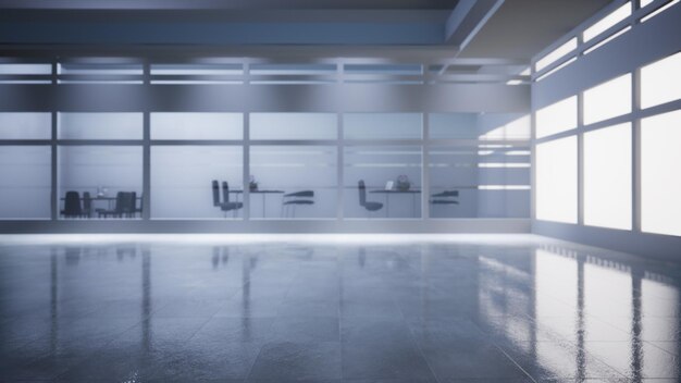 empty office space with large window, glass walls and  background at sunrise with open clean room to