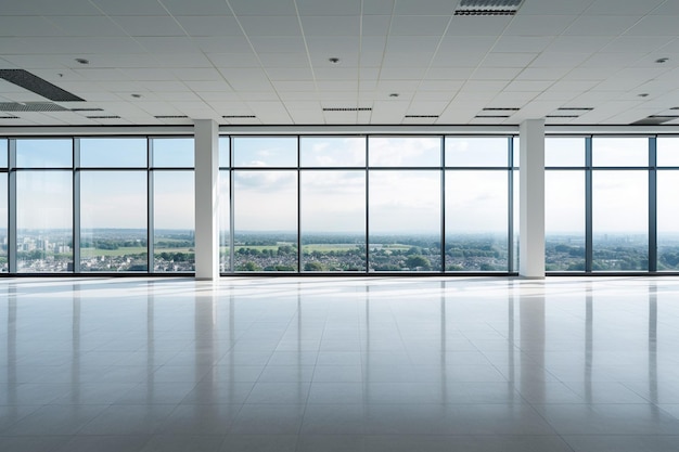 An empty office space with a lot of desks and a large window