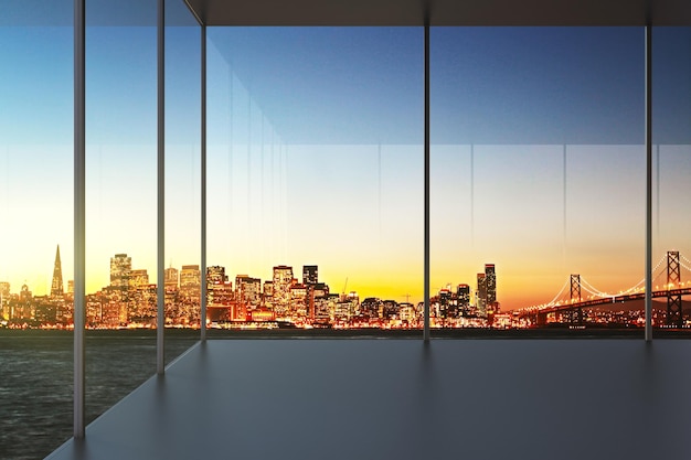 Photo empty office at sunset with beautiful view to the skyline