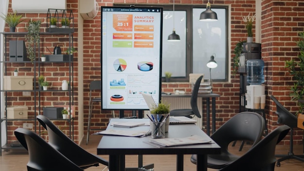 Empty office used for business meeting with colleagues. Nobody in boardroom space decorated with monitor for charts presentation. No people in company workplace, startup decor.