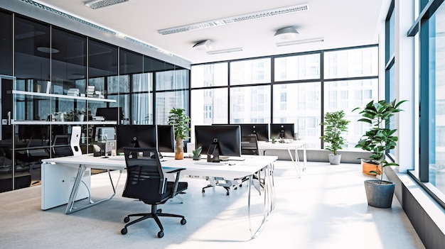 An empty office with a black wall and a desk with a computer on it.