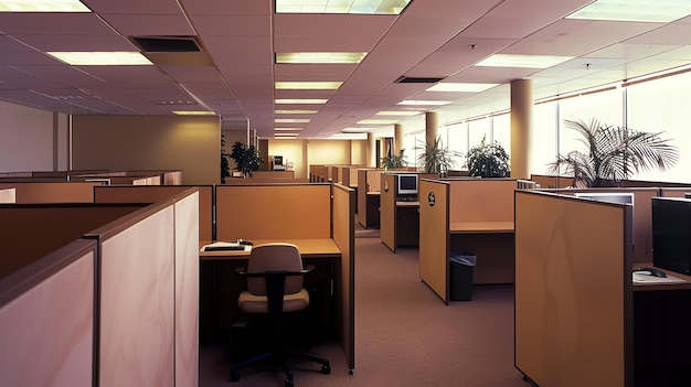 An empty office with cubicles and chairs The cubicles are made of beige walls and have a light wood grain top The chairs are gray and have wheels