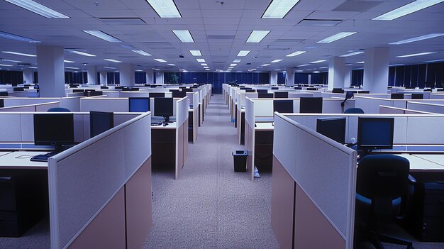 An empty office with cubicles and computers The office is lit by fluorescent lightsbeige walls with gray carpet on the floor