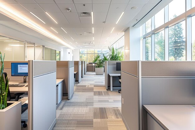 An empty office with cubicles and desks