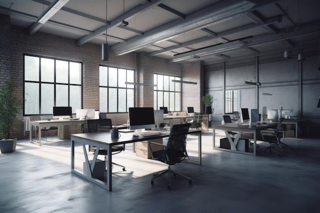 An empty office with a desk and chairs and a window that says'it's a work place '