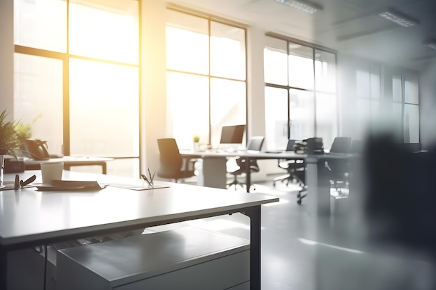 An empty office with a desk and a laptop on the table.