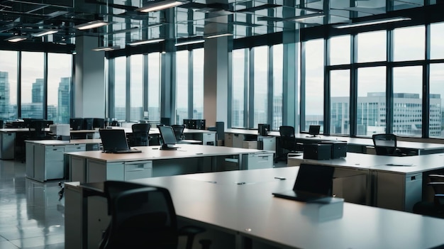 An Empty Office With Desks and Chairs