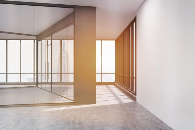 Empty office with glass and white concrete walls toned