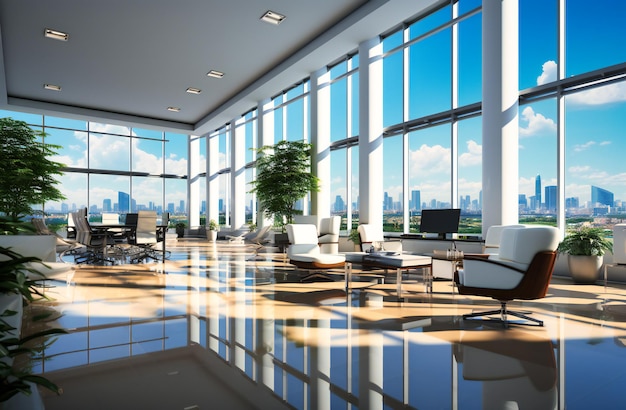 an empty office with large windows