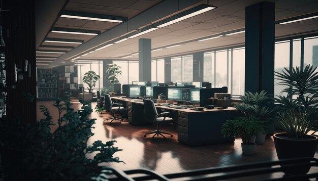 An empty office with a lot of computers and a large window.