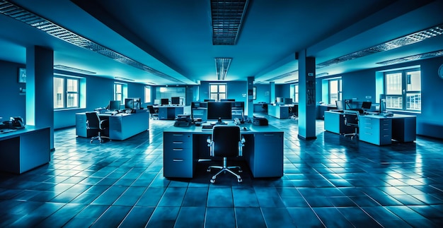 An empty office with many desks and blue colored walls