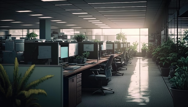 An empty office with a plant in the corner and a row of monitors.