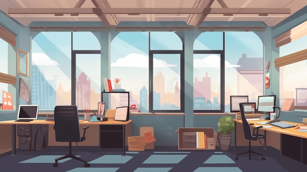 An empty office with a view of the city and a desk with two monitors.