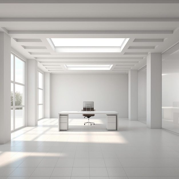 An empty office with a white ceiling and a white desk with a computer on it