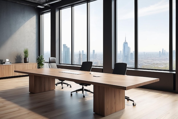 Empty office wooden desktop with empty space on modern boardroom with large window background