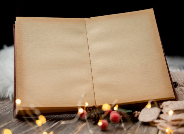 Empty old book with christmas lights