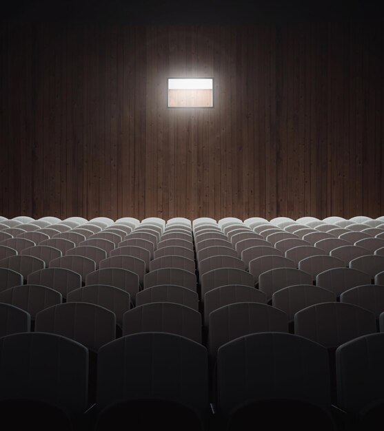 Photo empty old theater with rows of seats and projector light 3d rendering