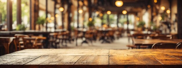 Photo empty old wood table top and blurred bokeh cafe and coffee shop interior background