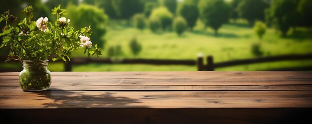 Empty old wooden table with green nature background