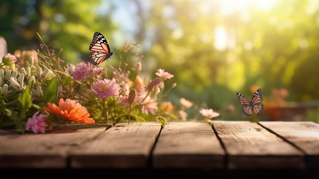 Empty old wooden table with spring flower and butterfly Generative AI