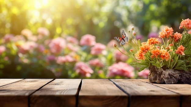 Empty old wooden table with spring flower and butterfly Generative AI