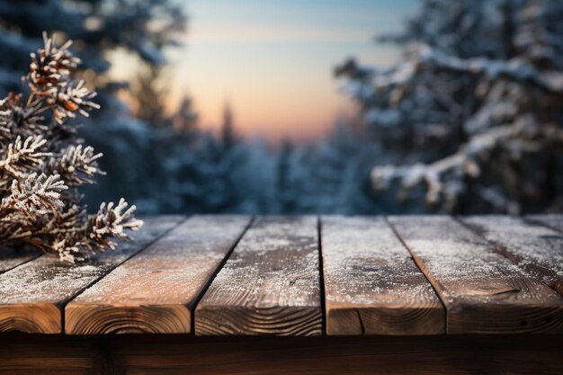 Photo empty old wooden table with winter theme in background ai generative