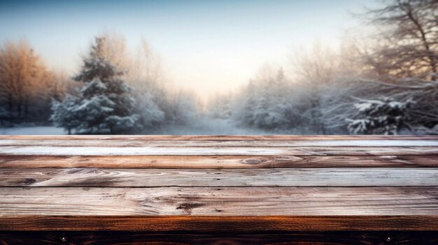 Empty old wooden table with winter theme in background