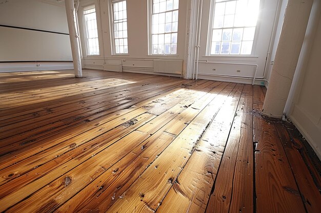 Photo empty open office space with wooden floor professional photography