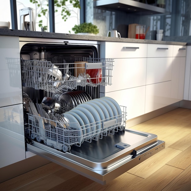 Photo empty opened dishwasher in kitchen perfect look ultra hd generative ai